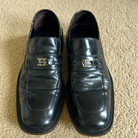 GUCCI black leather mens shoes size 10D used Gucci Classic Web Lace Up Shiny Leather Shoes Black US7 main image 3